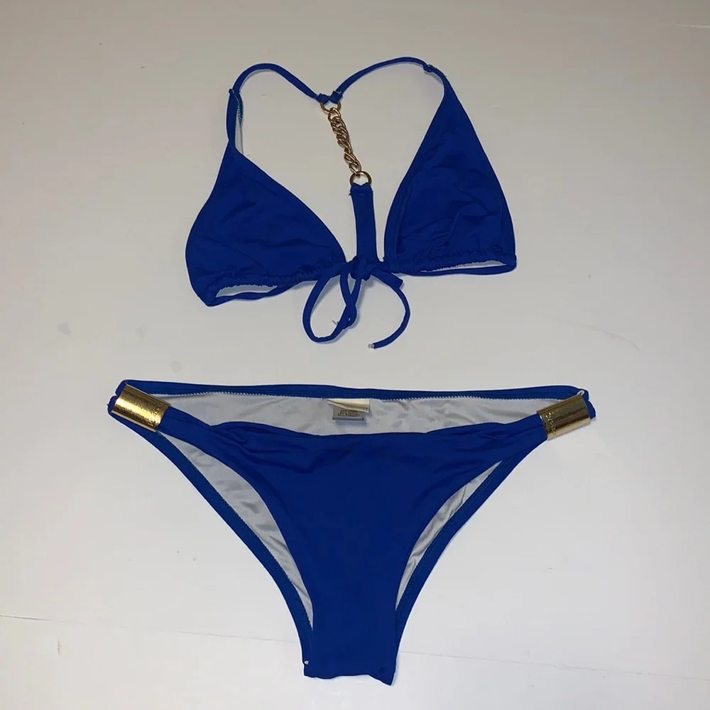 L*SPACE Blue Bikini Set with Gold Chain Straps - Women’s Size XS - Picture 2 of 12